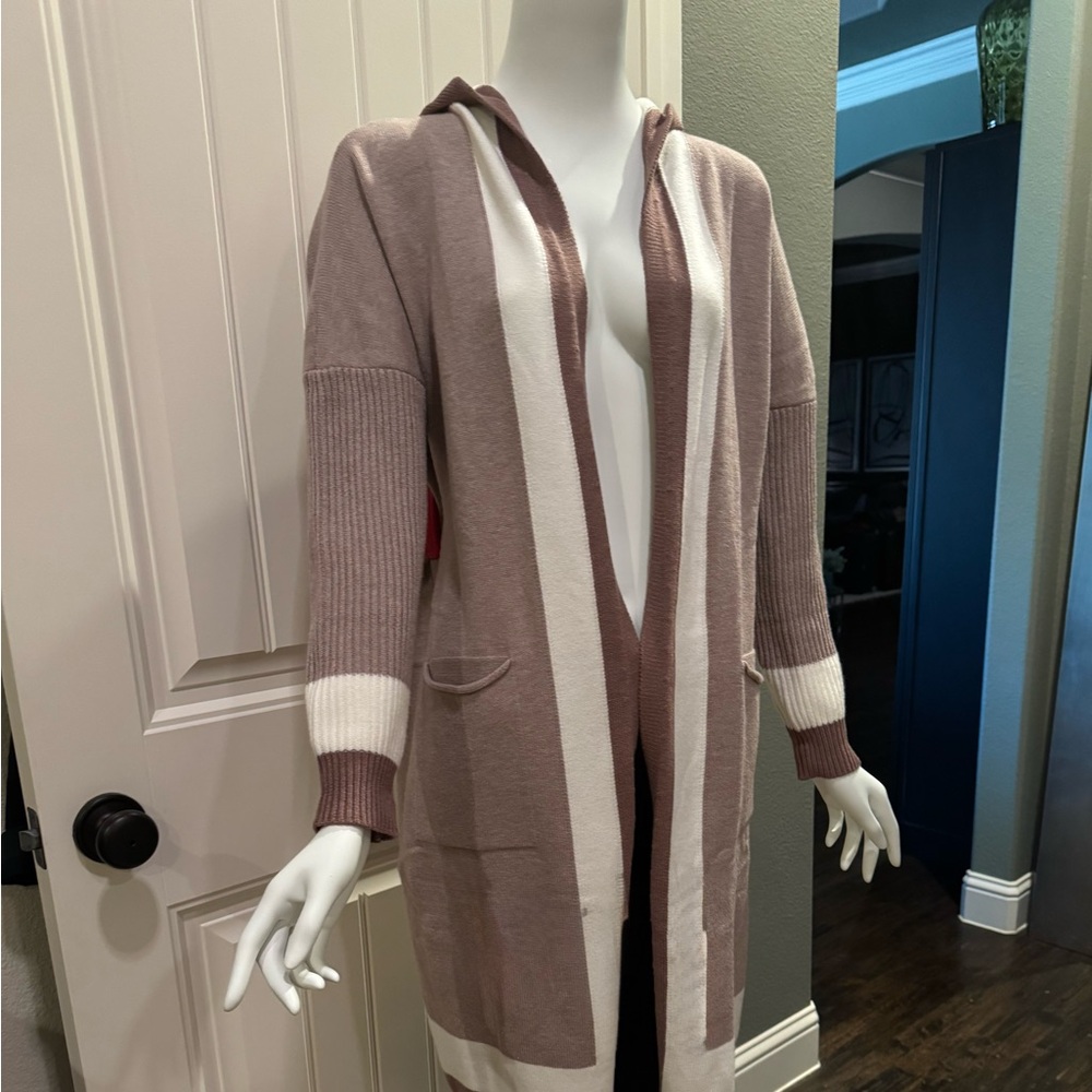 Chouyatou Hooded Color Block Knit Cardigan Apricot Khaki Viscose Blend Size L - Picture 5 of 9